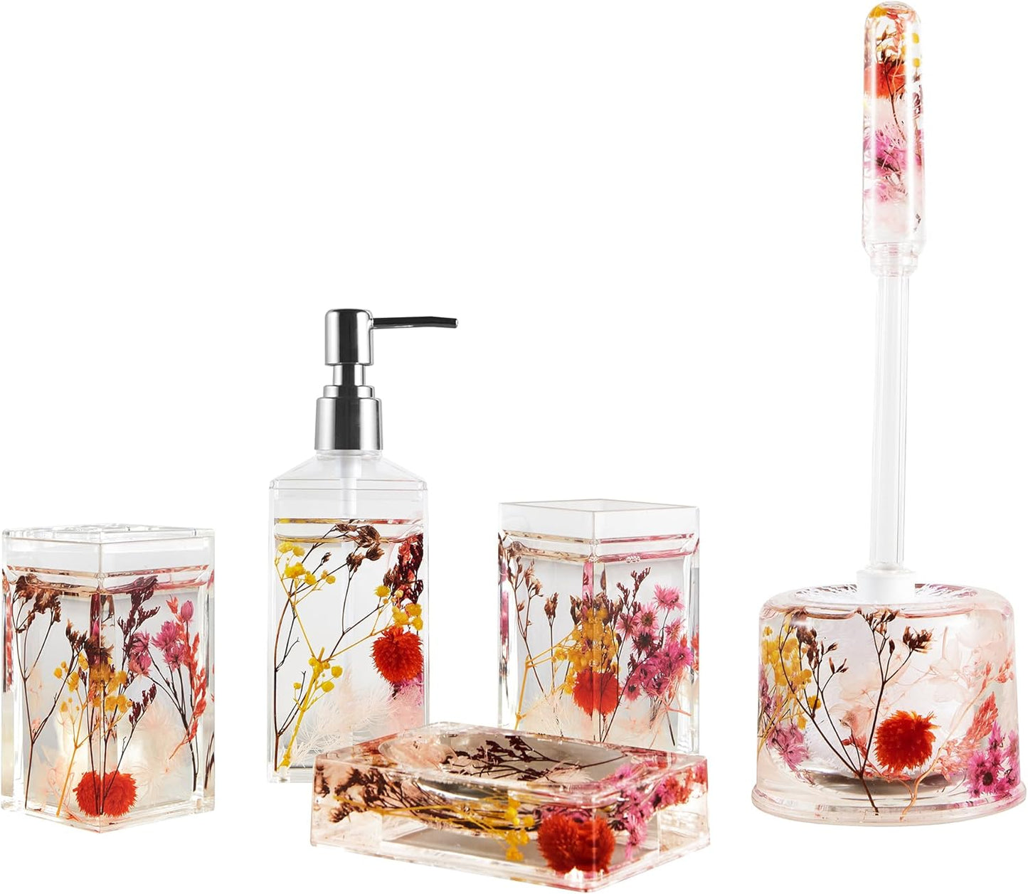 Locco Decor 5 Piece Acrylic Liquid 4D Floating Motion Bathroom Vanity Accessory Set Garden Botanic Green Plants Toothbrush Holder, Tumbler, Soap Dispenser, Soap Dish, Toiletbrush Holder Set