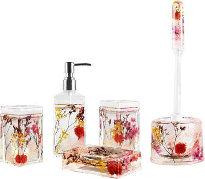 Locco Decor 5 Piece Acrylic Liquid 4D Floating Motion Bathroom Vanity Accessory Set Garden Botanic Green Plants Toothbrush Holder, Tumbler, Soap Dispenser, Soap Dish, Toiletbrush Holder Set
