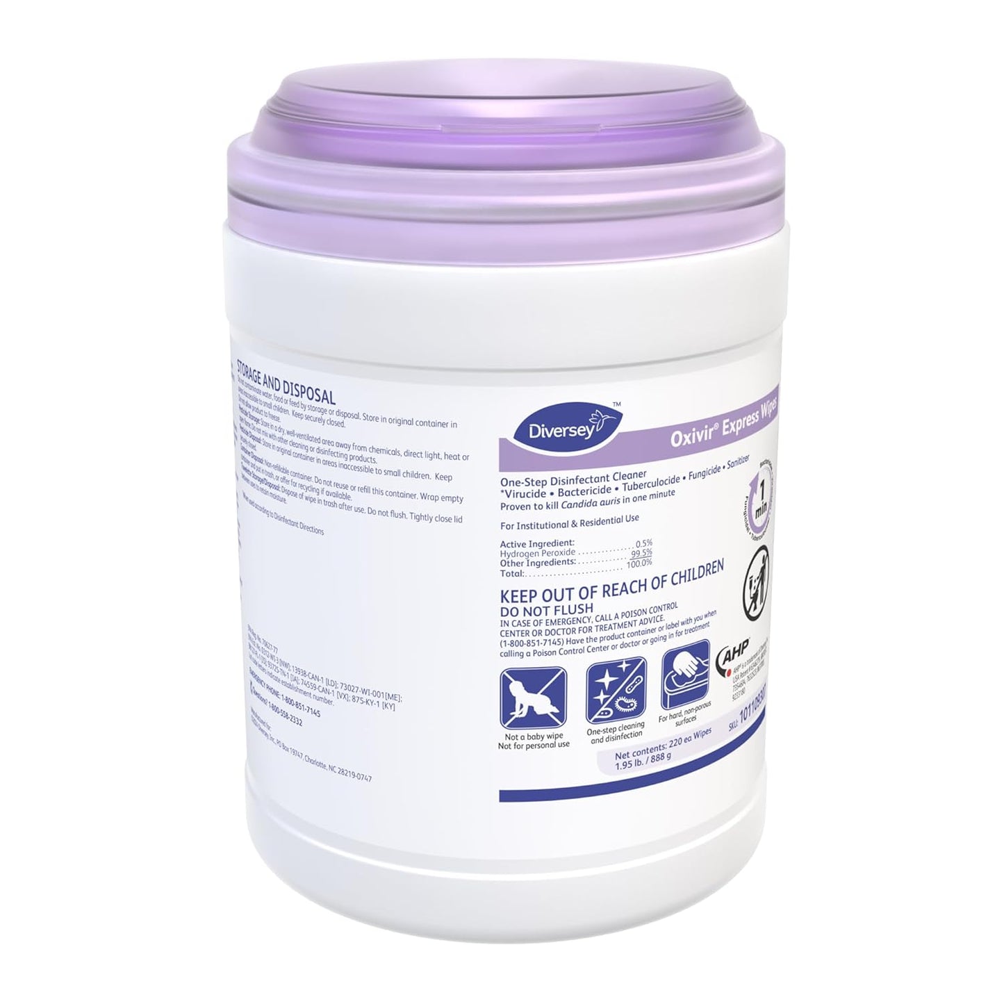 Diversey Oxivir Express Wipes 101109307 - One-Step Disinfectant Fragrance-Free Cleaner Wipes, Fast Acting, Standard Sheets, Unscented 220-Wipes, 1-Canister