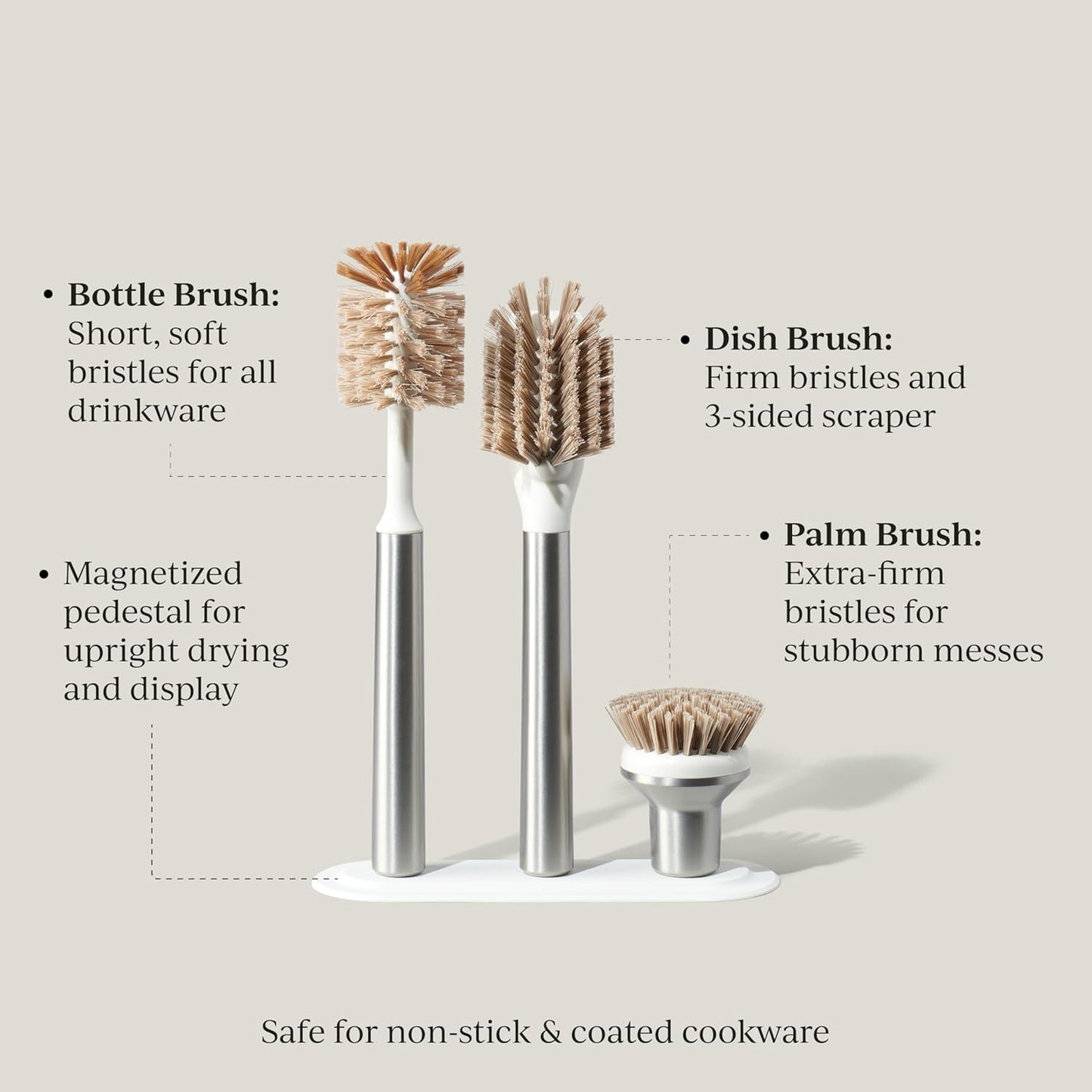 Curio Home Goods Ionic Brush Set, Magnetized to Stand Upright, Stainless Steel with Replaceable Heads, Silver