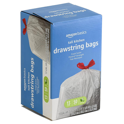 Amazon Basics Flextra Strength Tall Kitchen Drawstring Trash Bags, Fresh Scent, Tear Resistant, 13 Gallon, 120 Count