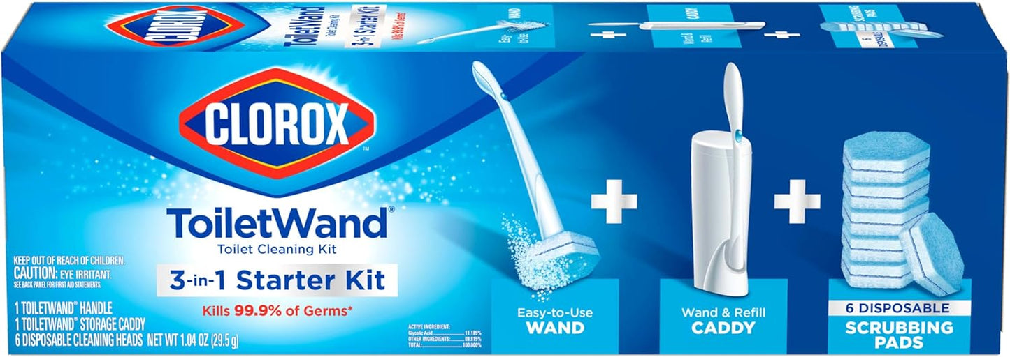 Clorox ToiletWand Disposable Toilet Cleaning System, Spring Cleaning Essential, ToiletWand, Storage Caddy, and 16 Disinfecting ToiletWand Scrubbing Pad Refills