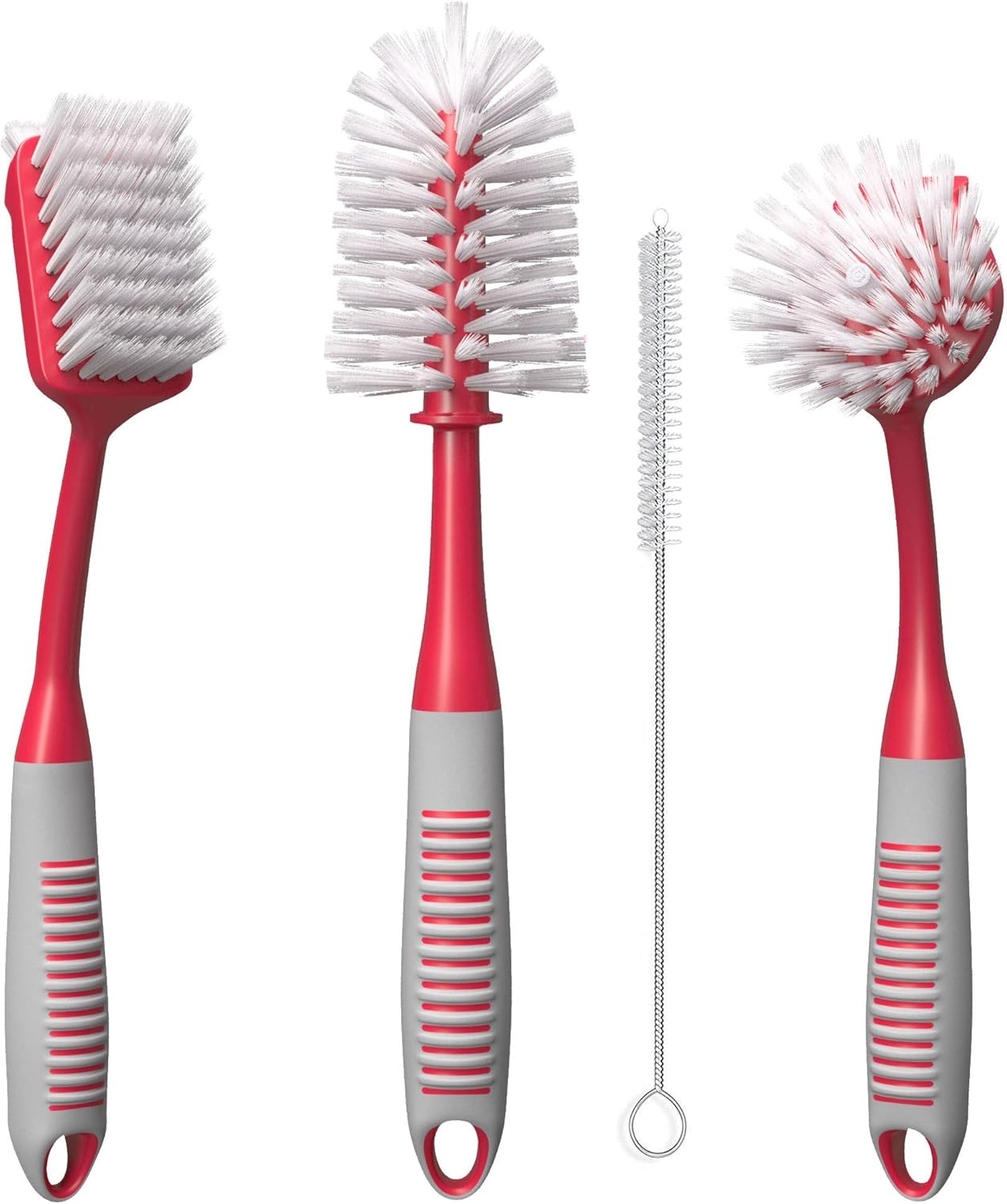Dish Brush Set of 5 with Holder - Kitchen Scrub Brushes with Non-Slip Long Handle for Cleaning, Scrubber, Dishwashing, Dishes, Bottles, Straws, Cups, Pots & Sink, Black