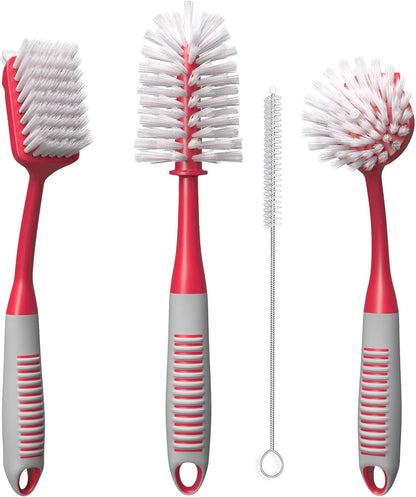 Dish Brush Set of 5 with Holder - Kitchen Scrub Brushes with Non-Slip Long Handle for Cleaning, Scrubber, Dishwashing, Dishes, Bottles, Straws, Cups, Pots & Sink, Black