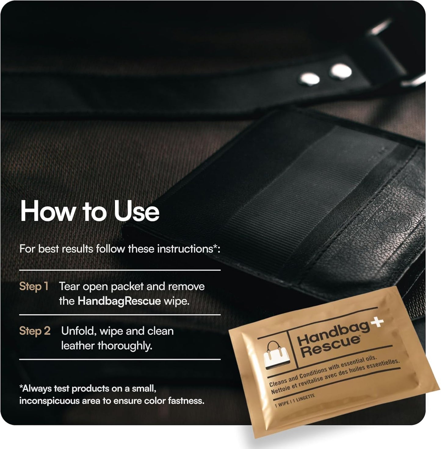 HandBagRescue All-Natural Cleaning Wipes. Remove Dirt & Surface Stains & Conditions Leather Handbags with Essential Oil. Box of 10 Individually Wrapped Wipes.
