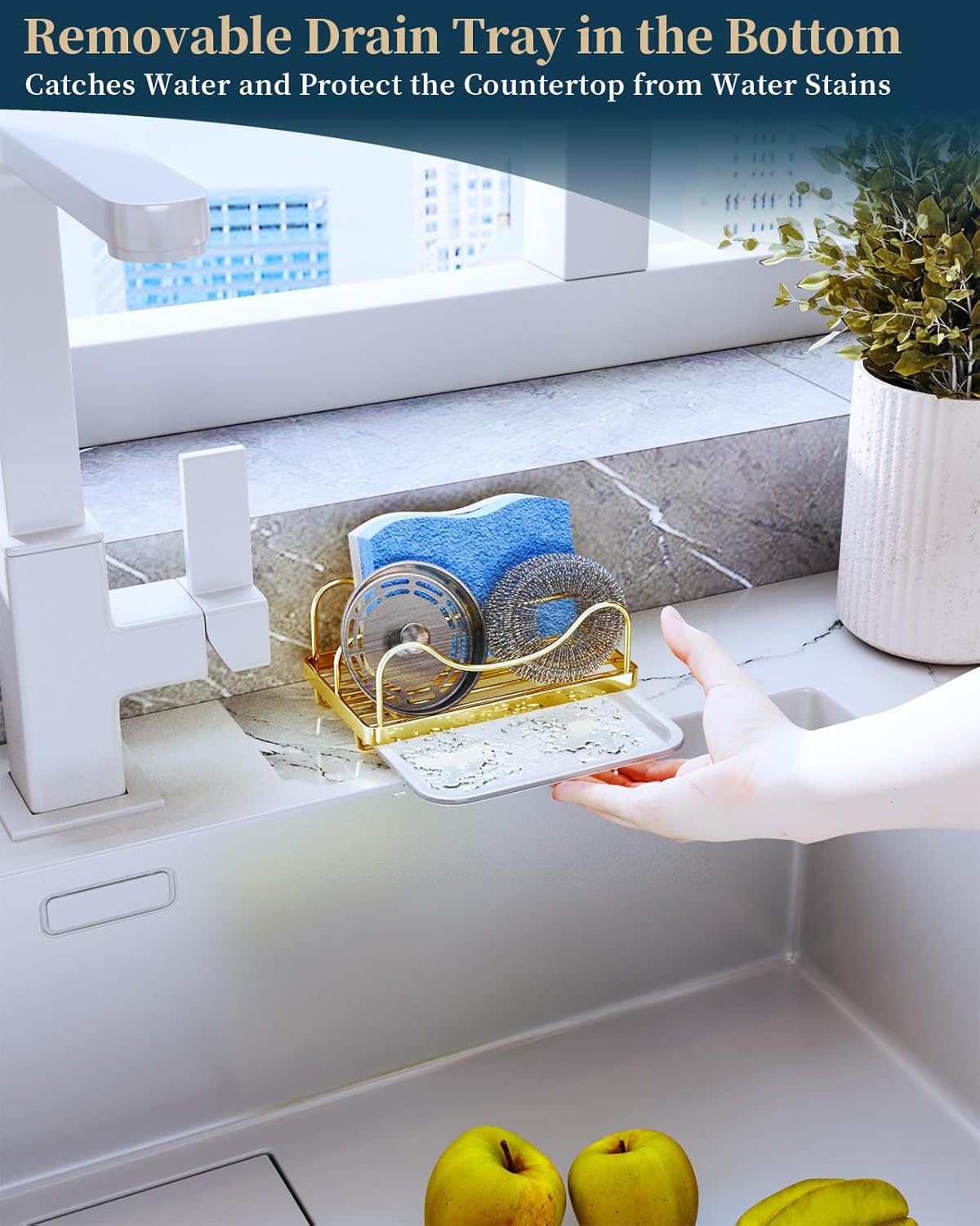 Consumest Sponge Holder for Kitchen Sink - Movable Sink Caddy for Countertop Organizer, 304 Stainless Steel Sponge Holder with Detachable Drip Tray for Kitchen Accessories-Silver