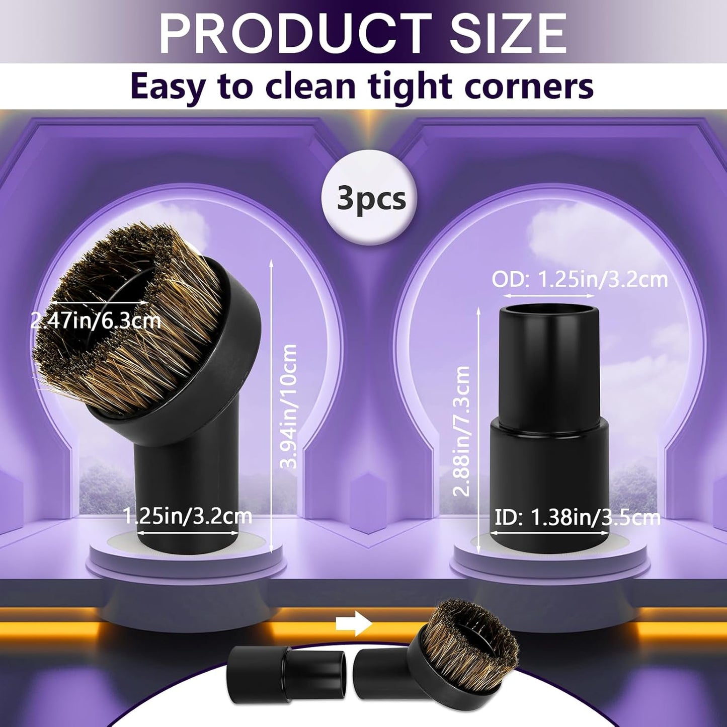 3PCS Horse Hair Brush Vacuum Attachment Set - Black Round Horse Hair Vacuum Attachments & Brushes - Shop Vac Brush Attachment for Most Vacuum Cleaners Accessories - 1 1/4" Vacuum Attachments Included