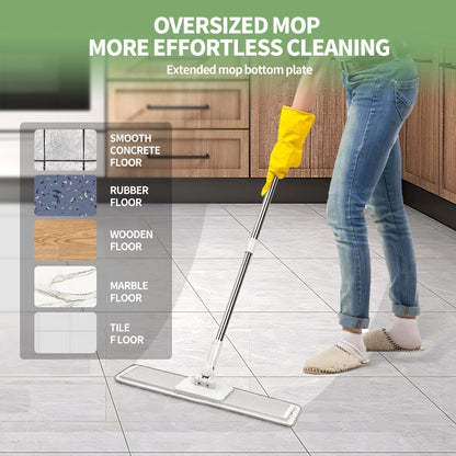 CQT Commercial Flat Microfiber Floor Mop Cleaning System 20" Inch Wet Dry and Dust Hardwood with 4 Washable Pads Cleaner for Laminate Tile Stainless Steel Handle and Extension (White)