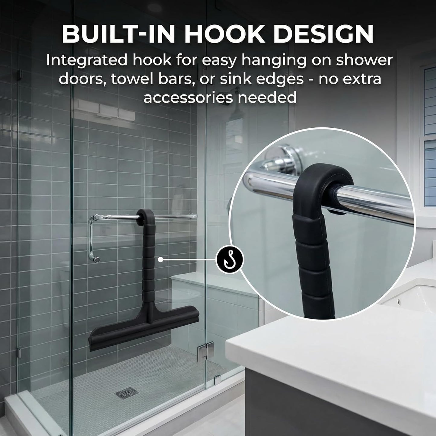 8 Inch Silicone Shower Squeegee for Glass Doors – All-in-One with Built-in Hook, Ergonomic Non-Slip Handle & Reinforced Iron Core, Multi-Purpose for Mirrors, Countertops, Windows, Black
