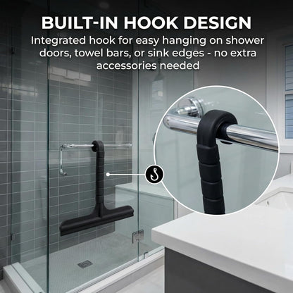 8 Inch Silicone Shower Squeegee for Glass Doors – All-in-One with Built-in Hook, Ergonomic Non-Slip Handle & Reinforced Iron Core, Multi-Purpose for Mirrors, Countertops, Windows, Black