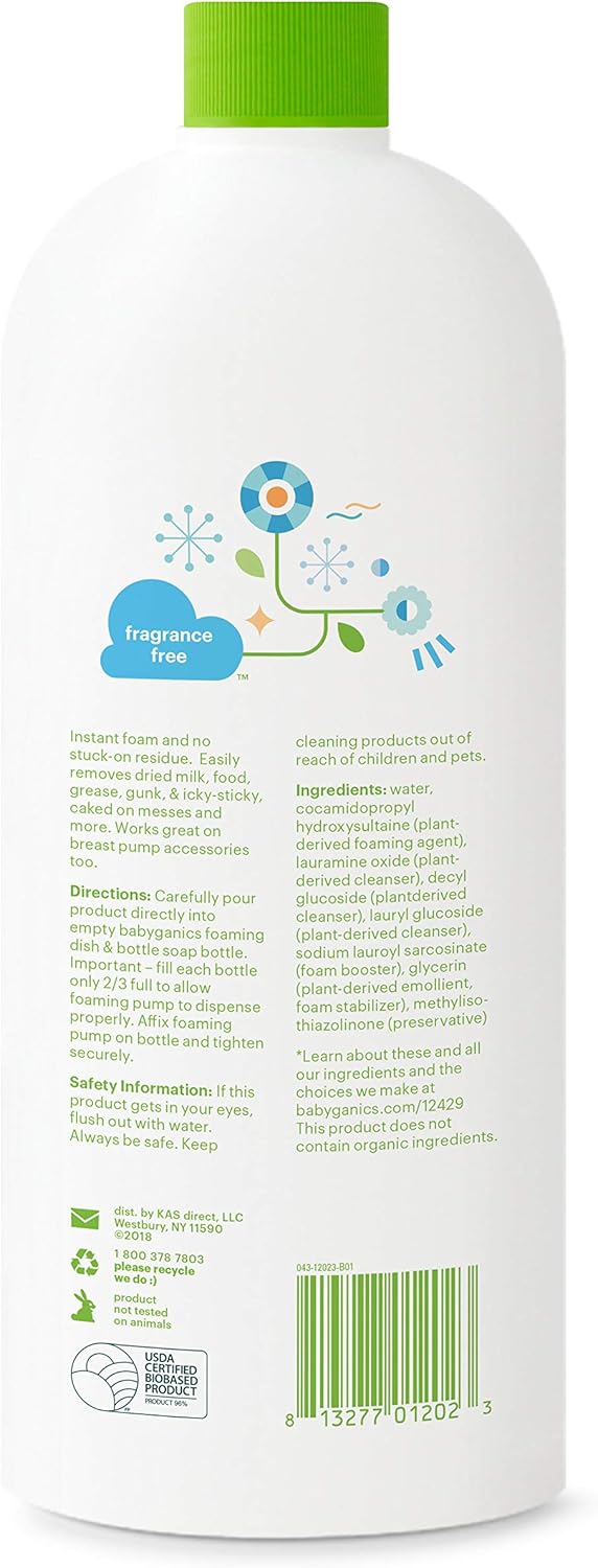 Babyganics Foaming Dish & Bottle Soap Refill, Fragrance Free, Removes Dried Milk, 32 Fl Oz (Pack of 2), Packaging May Vary