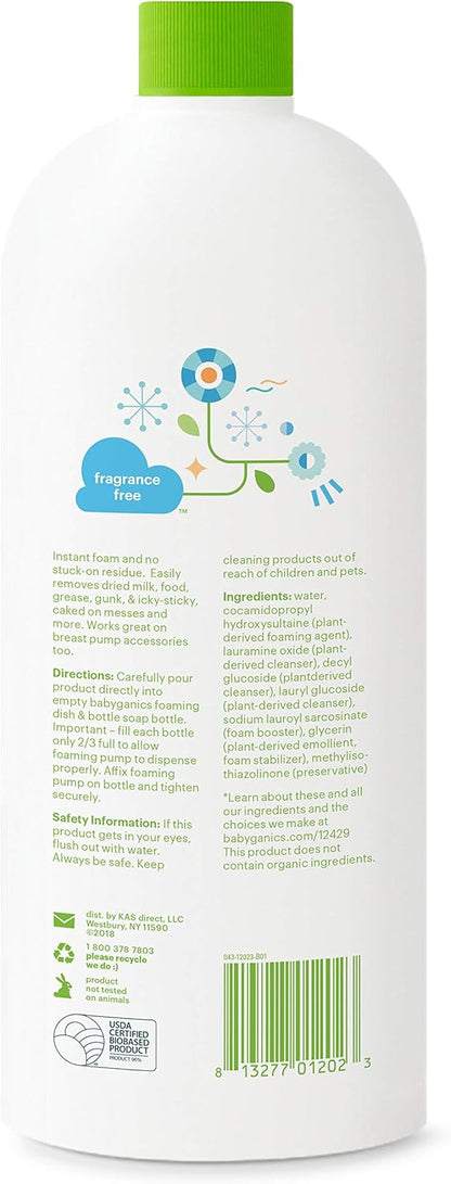 Babyganics Foaming Dish & Bottle Soap Refill, Fragrance Free, Removes Dried Milk, 32 Fl Oz (Pack of 2), Packaging May Vary