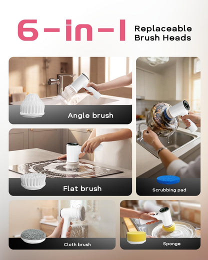 PUFTEM Upgraded Electric Spin Scrubber, Powerful Cordless Shower Scrubber with 4500mAh Large Battery & Speed Display, 6 Replaceable Brush Heads, Cleaning Brush for Bathroom Tile Tub Floor (White)