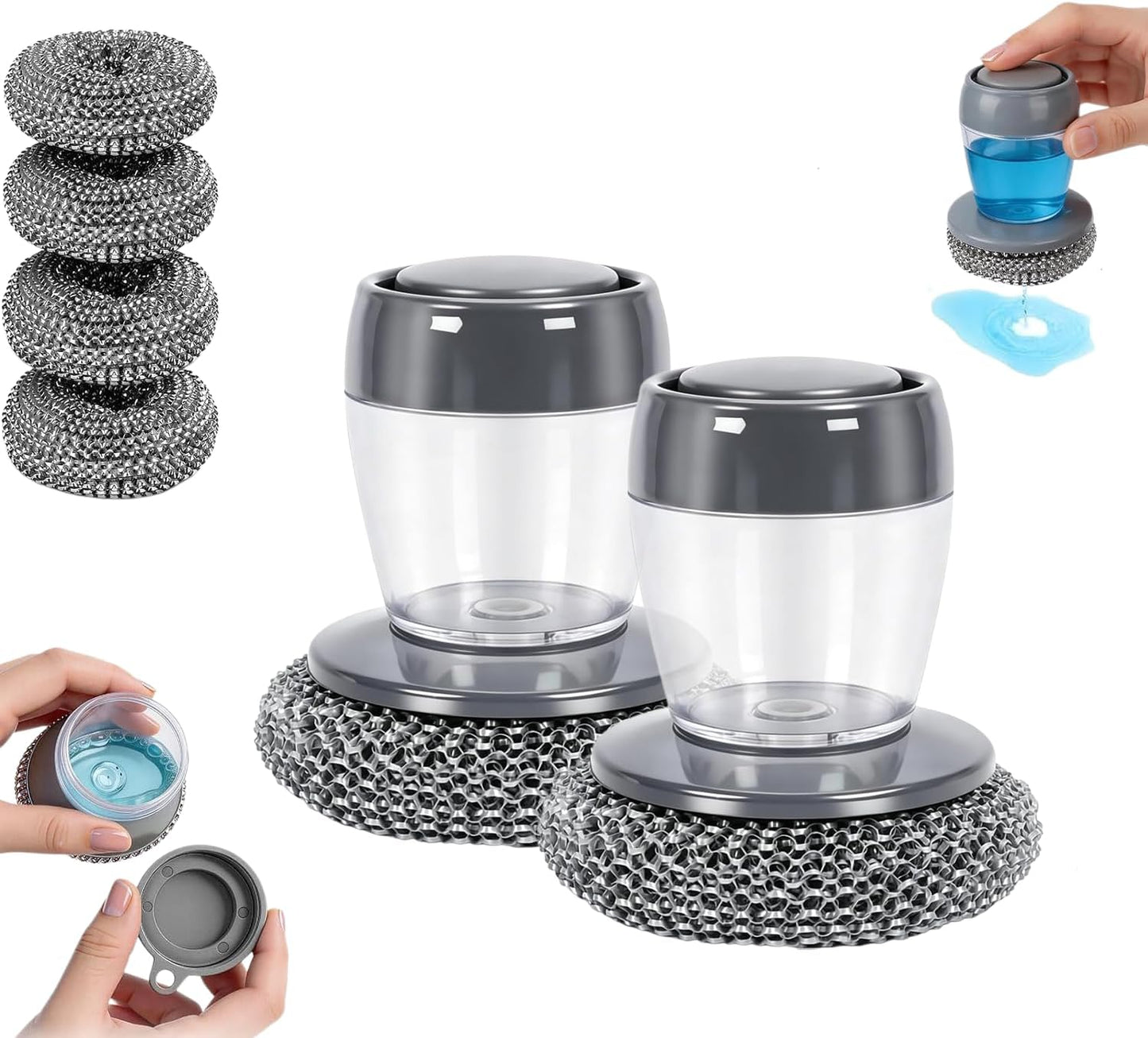 Comfort Grip Soap Dispensing Kitchen Scrub, Heavy Duty Kitchen Scrub Brush with Comfort Grip, Replaceable Cleaning Balls, Non-Slip Handle for Dishes, Pots, Pans, Sinks & Countertops (2 + 4pcs Balls)