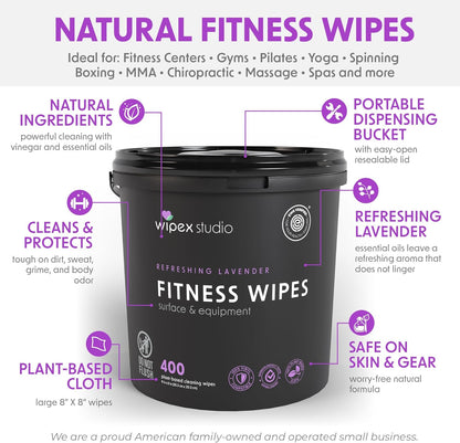 Wipex Gym Wipes Bucket Refill – EWG Verified, 400 Ct Plant-based Fitness Equipment Wipes, Lavender and Vinegar to Clean Surfaces, Safe Yoga Mat Cleaner, Gym Cleaner and Peloton