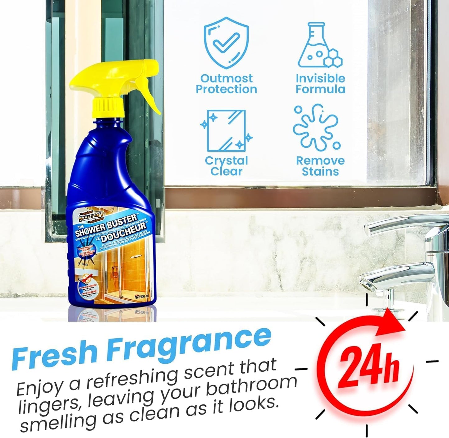 SURF PRO Shower Glass Door Cleaner – Shower Buster Spray for Soap Scum & Hard Water Stains – No Scrub Bathroom Cleaner for Glass, Tile, Chrome, Ceramic, RV and Septic Safe (500ml / 16.9oz)