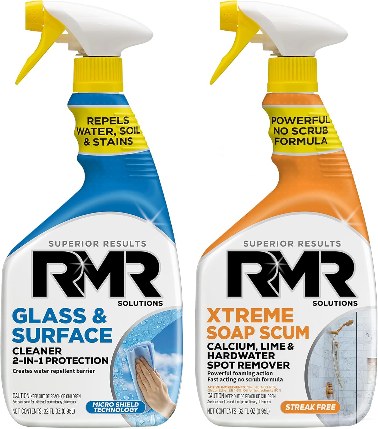 RMR Shower Shield Power Pack – Glass & Surface Cleaner/Repellent + Xtreme Soap Scum Remover, Multi-Surface Cleaning Kit for Bathroom, Tile, Glass, & Surfaces, 2–32 Oz Bottles