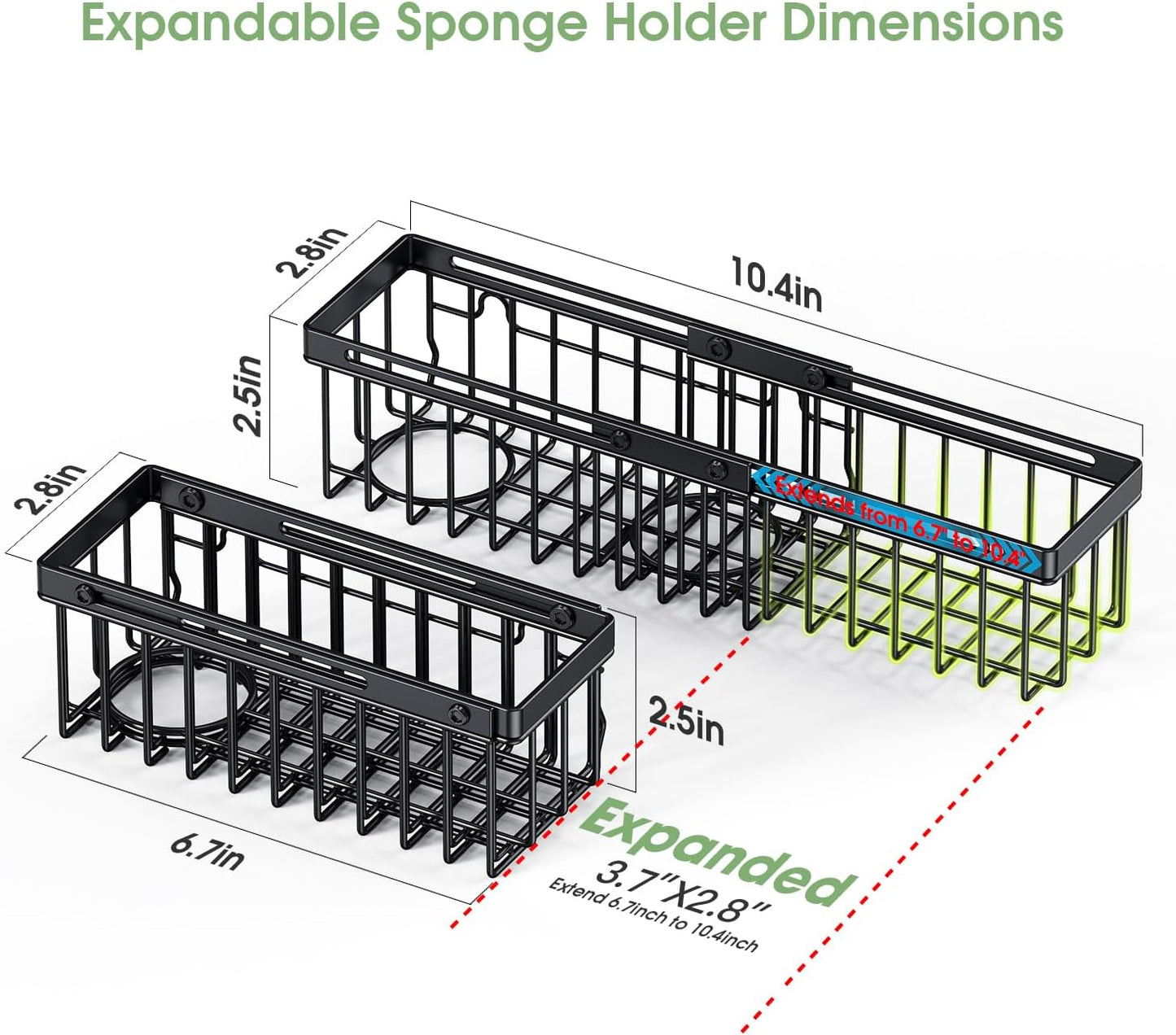 Expandable Kitchen Sink Caddy, Strong Adhesive Mount Detachable Sponge Holder for Kitchen & Bathroom Sink with Extra Suction Cups, Holds Sponges, Dish Brushes, Scrubbing Pads - Black