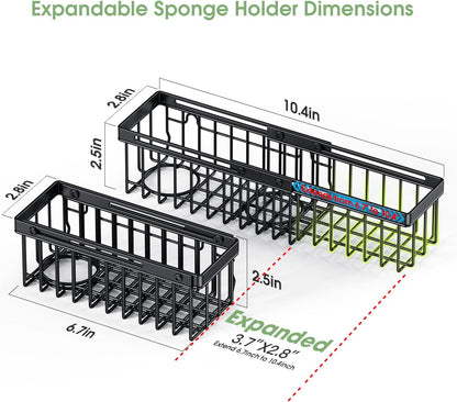 Expandable Kitchen Sink Caddy, Strong Adhesive Mount Detachable Sponge Holder for Kitchen & Bathroom Sink with Extra Suction Cups, Holds Sponges, Dish Brushes, Scrubbing Pads - Black