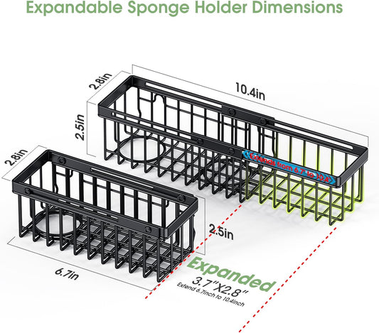 Expandable Kitchen Sink Caddy, Strong Adhesive Mount Detachable Sponge Holder for Kitchen & Bathroom Sink with Extra Suction Cups, Holds Sponges, Dish Brushes, Scrubbing Pads - Black