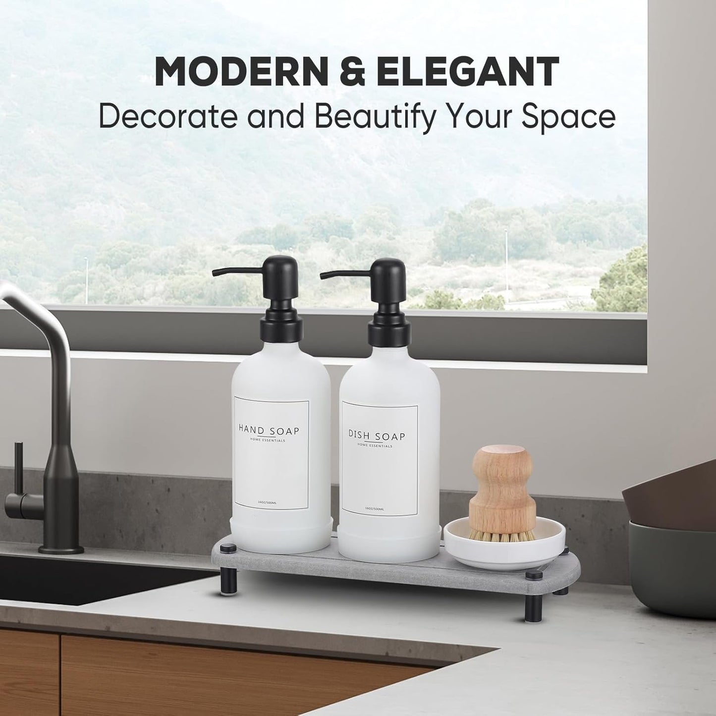 Kitchen Soap Dispenser Set with Instant Dry Tray,16 Oz Hand and Dish Soap Black Glass Dispenser Set,Stainless Steel Pump,Waterproof Labels&Dish Brush,Luxury Soap Bottle for Kitchen,Bathroom