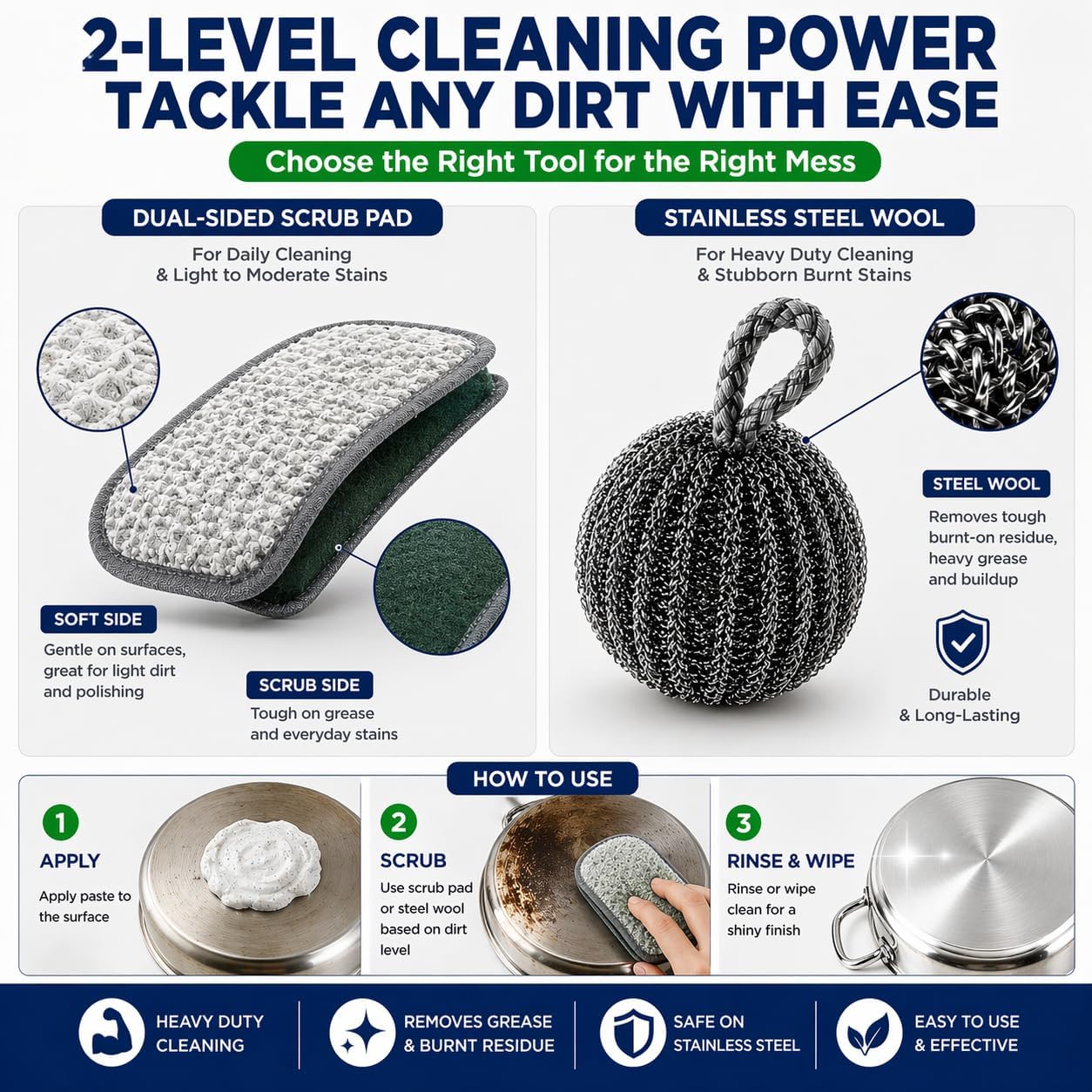 Stainless Steel Cleaner Paste, Heavy Duty Burnt Pan Cleaner for Pots, Stove, Sink & Cookware, Removes Grease & Stains with Scrubber & Steel Wool