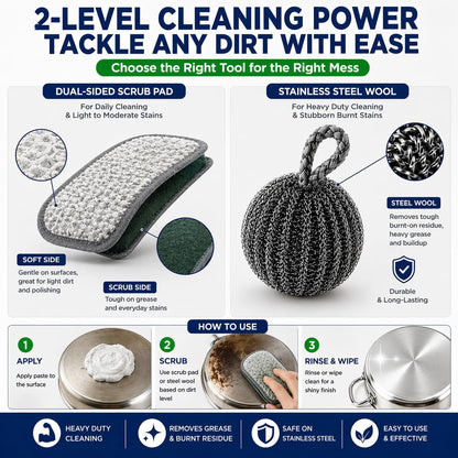 Stainless Steel Cleaner Paste, Heavy Duty Burnt Pan Cleaner for Pots, Stove, Sink & Cookware, Removes Grease & Stains with Scrubber & Steel Wool