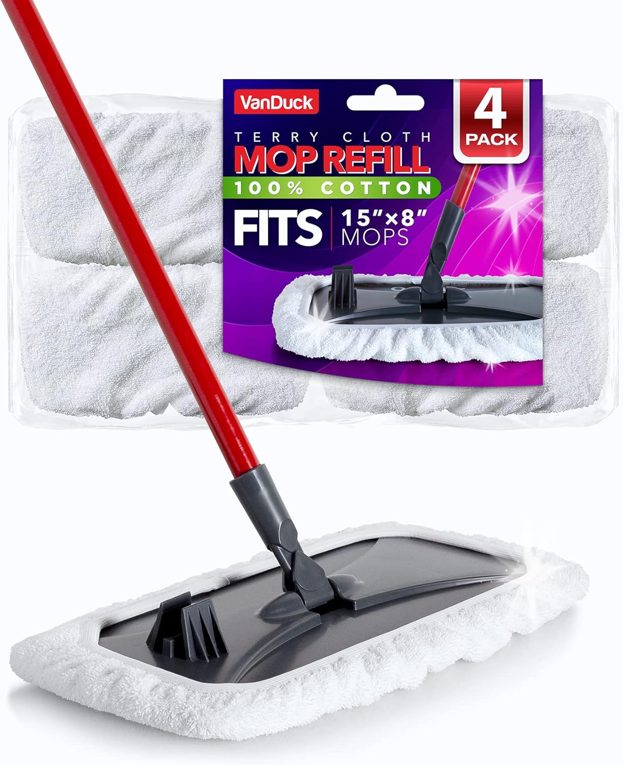 VanDuck 100% Cotton Pad Terry Cloth Mop Refills 15x8 inches, 2 Pack (Mop is Not Included)