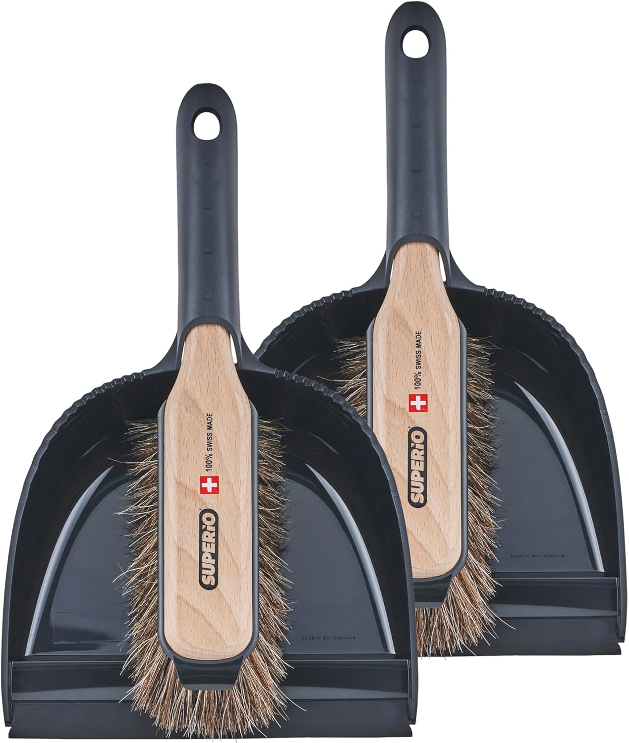 Superio Handheld Comfort Grip Dustpan and Brush Set - Hand Broom with Swiss Natural Horsehair Bristles.