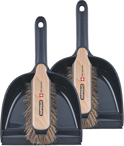Superio Handheld Comfort Grip Dustpan and Brush Set - Hand Broom with Swiss Natural Horsehair Bristles.