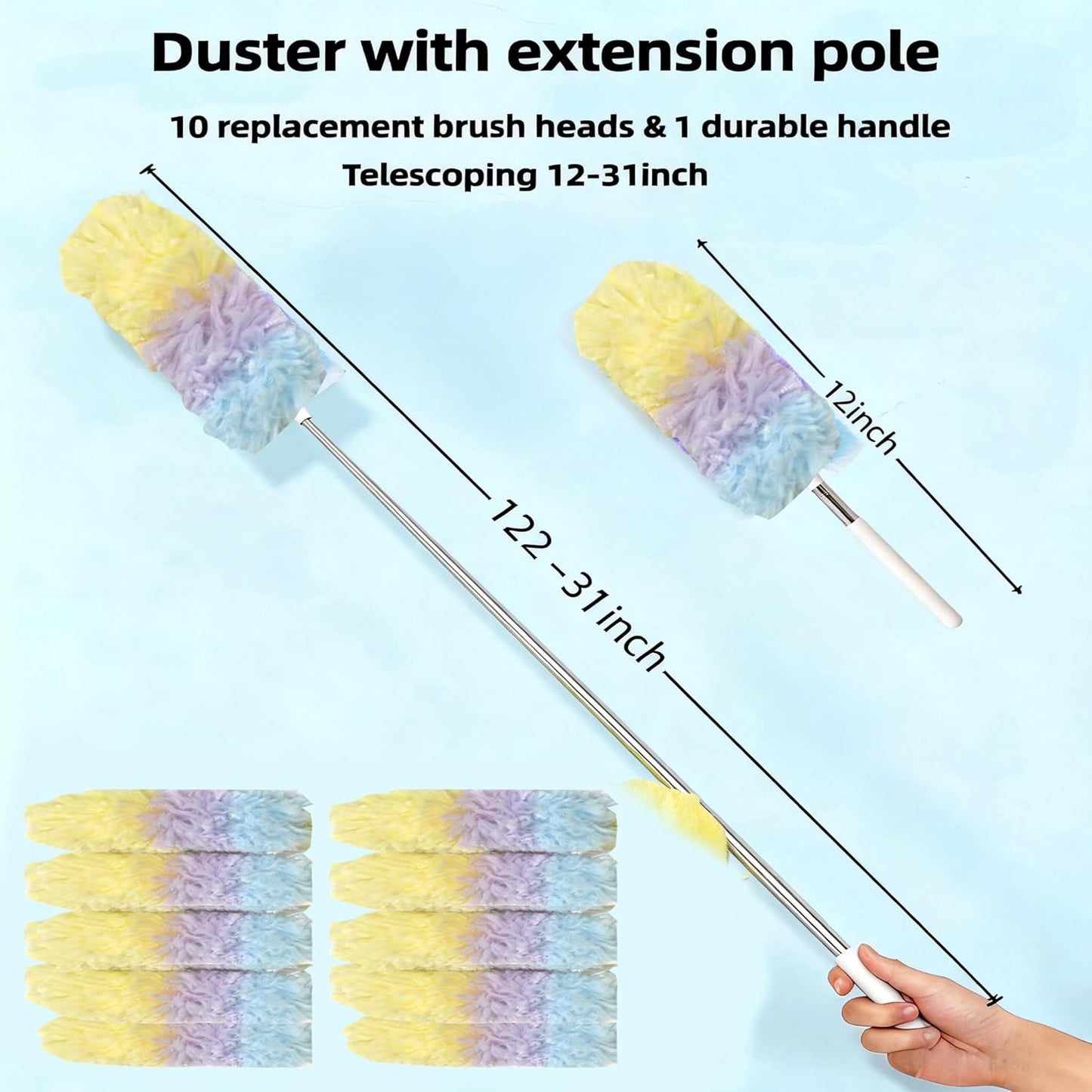 Heavy Duty Duster Refills, Disposable Dusters Kit for Cleaning Dusting Furniture Blind Ceiling Fan, Multi Surface 360 Feather Duster(10)+3FT Extended Handle（1） (Navy Blue)