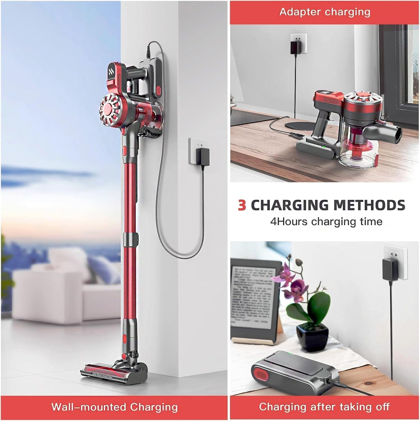 WLOTPO Cordless Vacuum Cleaner for Home,Lightweight Stick Vacuum Cordless Rechargeable with Power Suction, Up to 35 Mins Runtime, Hardwood Floor Vacuum for Pet Hair,Carpets,Tile(Cherry Red)