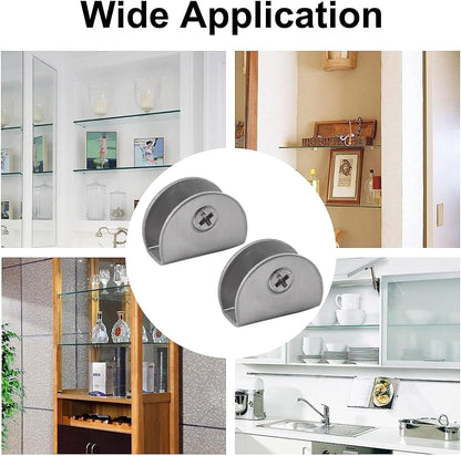 8Pcs Adjustable Half Round Glass Shelf Brackets 201 Stainless Steel Glass Clamp Clips Wall Mounted Brushed Shelf Holder Supports Mounting Brace for 3-8mm Thick Glasses