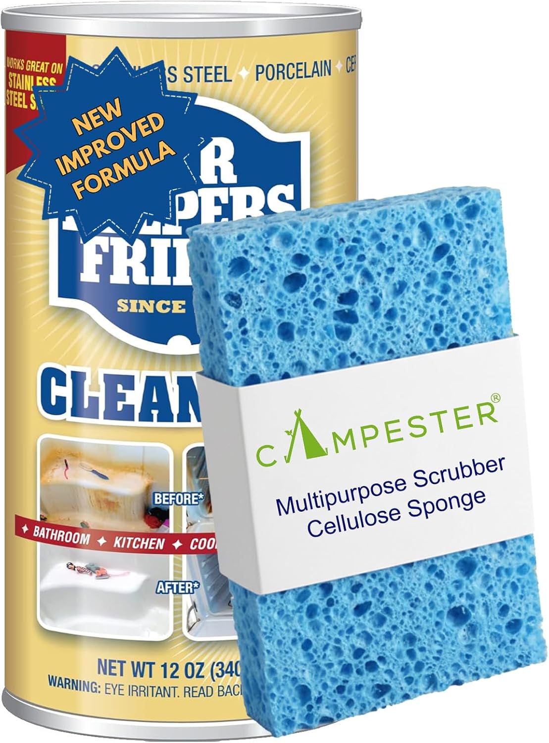 Powdered Cleanser 12 oz with Cellulose Sponge Scrubber – Multi-Surface Rust, Stain & Mineral Deposit Remover for Kitchen, Bathroom, Cookware & Glass
