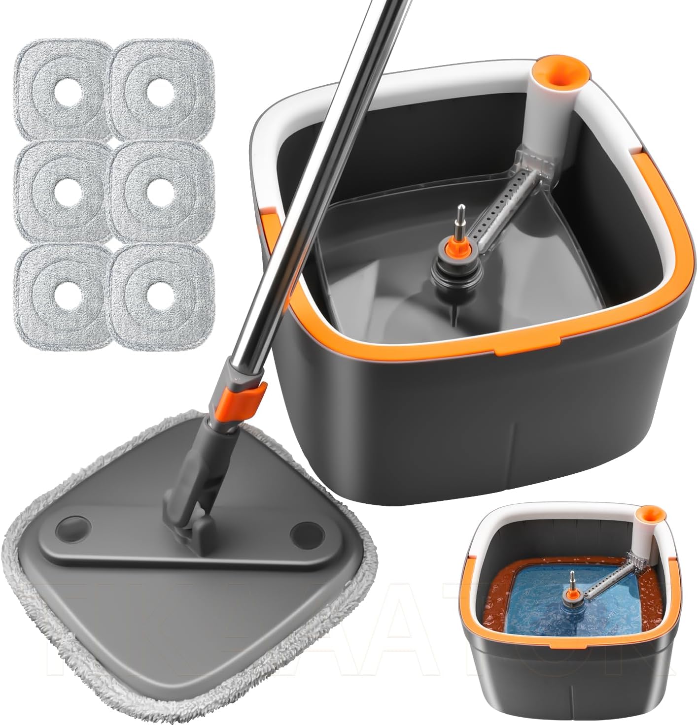 Spin Mop and Bucket Set with Self Separation Dirty and Clean Water System, Mop Set with Self Wringing 360° Rotating Clean Floor Mop-Head for Hardwood Tile Marble Floors (Dark Gray, 10pads)