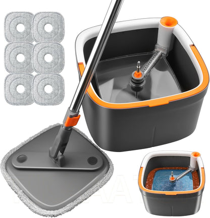 Spin Mop and Bucket Set with Self Separation Dirty and Clean Water System, Mop Set with Self Wringing 360° Rotating Clean Floor Mop-Head for Hardwood Tile Marble Floors (Dark Gray, 10pads)
