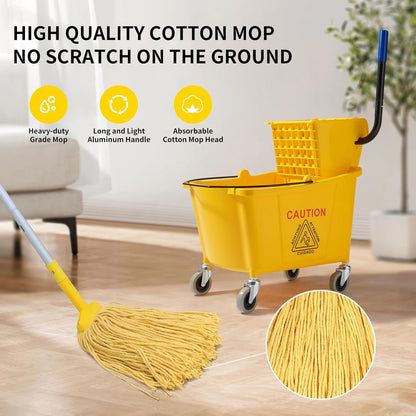 Mop Bucket with Wringer, 22 Qt (5.5 Gallon), Floor Cleaning, Handle, Wheels, 16.5" L x 10.6" W x 26.4" H, Yellow,Plus One Cotton Mop