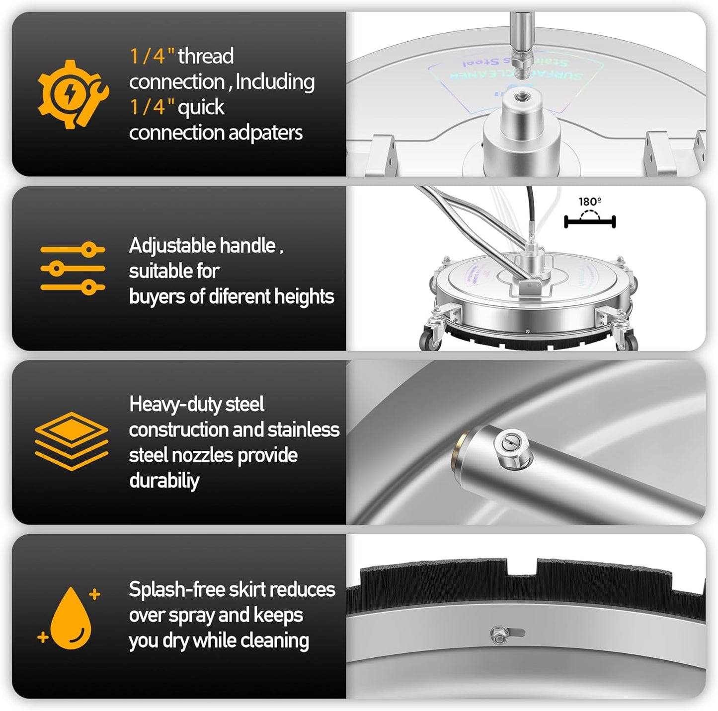 14" Pressure Washer Surface Cleaner with 4 Wheels - Stainless Steel Surface Cleaner for Pressure Washer Attachment for Concrete, Patio, Sidewalk, Deck and Driveways - PWS14