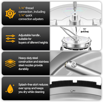 14" Pressure Washer Surface Cleaner with 4 Wheels - Stainless Steel Surface Cleaner for Pressure Washer Attachment for Concrete, Patio, Sidewalk, Deck and Driveways - PWS14