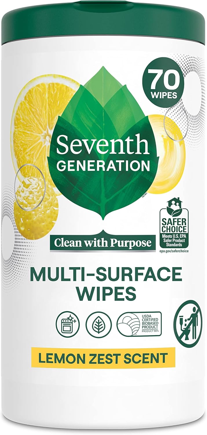 Seventh Generation Multi Surface Wipes All Purpose Cleaning Lemon Zest scent with 100% Essential Oils and Botanical Ingredients 70 count, Pack of 6