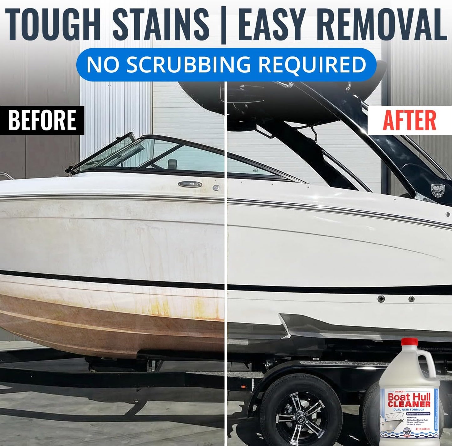 [1 Galllon] Instant Boat Hull Cleaner - Made in USA - Powerful Dual Acid Formula Easily Removes Scum Lines, Rust Stains, Hard Waterlines, & More from Fiberglass, Gelcoat & Painted Boat Surfaces