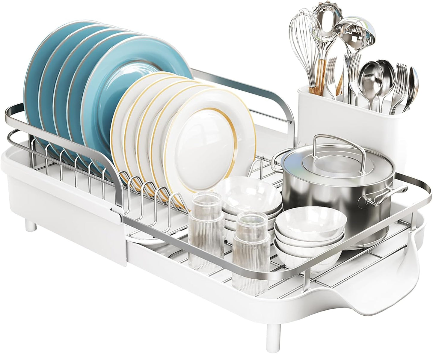 SNTD Dish Drying Rack, Expandable Dish Rack for Kitchen Counter, Stainless Steel Dish Drainer with Drainboard Set and Utensil Holder (Black)