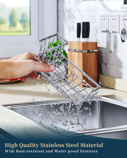 Consumest Sink Caddy, Kitchen Sponge Holder with Dish Brush Holder, Kitchen Organizer with Drip Tray for Countertop, Stainless Steel Rustproof - Silver