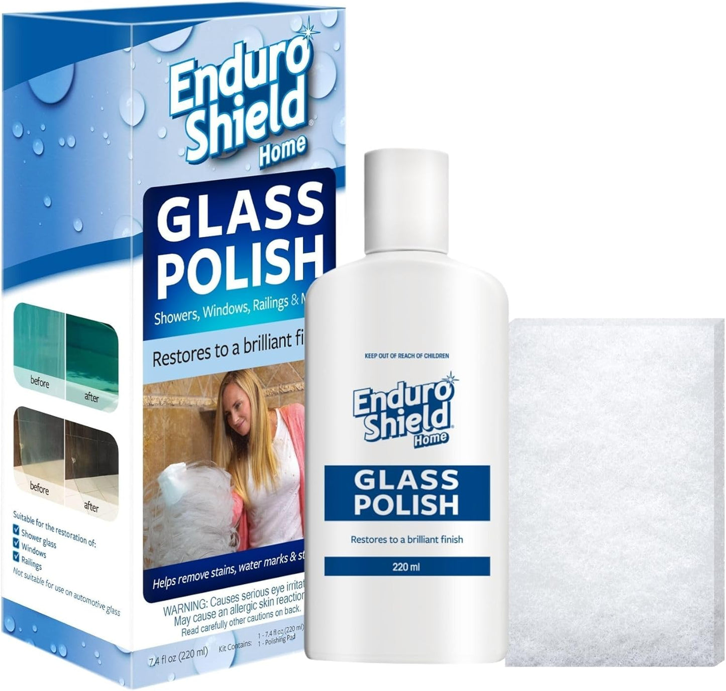 EnduroShield Shower Door Glass Polish – Water Spot Remover & Hard Water Stain Cleaner for Cloudy Shower Doors – Removes Soap Scum, Limescale & More – 7.4 fl oz