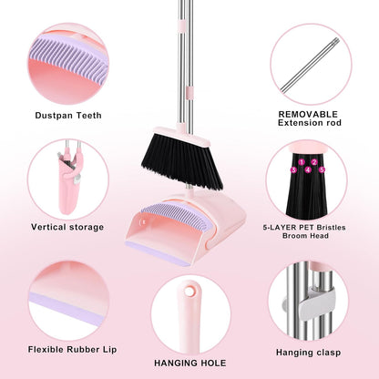 BSKLIN Pink Broom and Dustpan Set, 52-in Handle Broom Dustpan Combo Set Household Hand Broom with Dustpan Teeth to Clean Hair for Home Kitchen Office Lobby Sweeping Indoor（Pink）