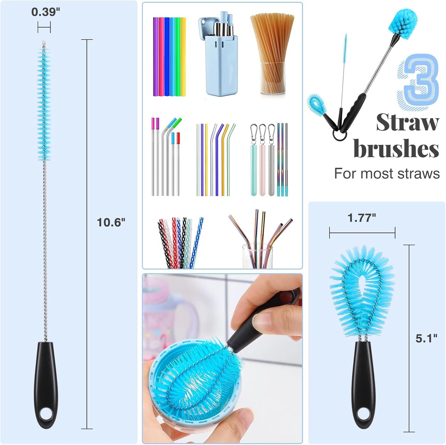 UNIFUN Water Bottle Brush Set, Long Handle 3-in-1 Stainless Steel Water Bottle Scrubbing Brush, Cleaning for Narrow Neck Bottles, Sport Bottles, Baby Bottles, Coffee Mugs, Tumblers, Flask(Short Size)