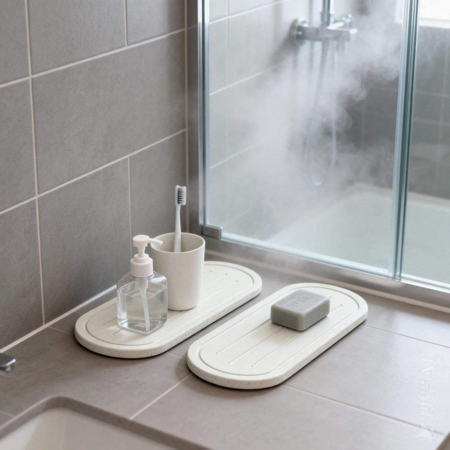 2PCS Water Absorbing Stone Drying Tray Mat for Bathroom Sink & Kitchen Counter Faucet Organizer, Quick Dry Dish Rack Soap Dispenser Sponge Holder, Vanity Sink Caddy Bar Coaster, Ivory White 8“x 4”