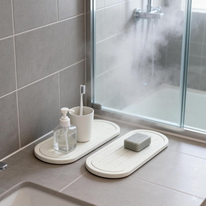 2PCS Water Absorbing Stone Drying Tray Mat for Bathroom Sink & Kitchen Counter Faucet Organizer, Quick Dry Dish Rack Soap Dispenser Sponge Holder, Vanity Sink Caddy Bar Coaster, Ivory White 8“x 4”