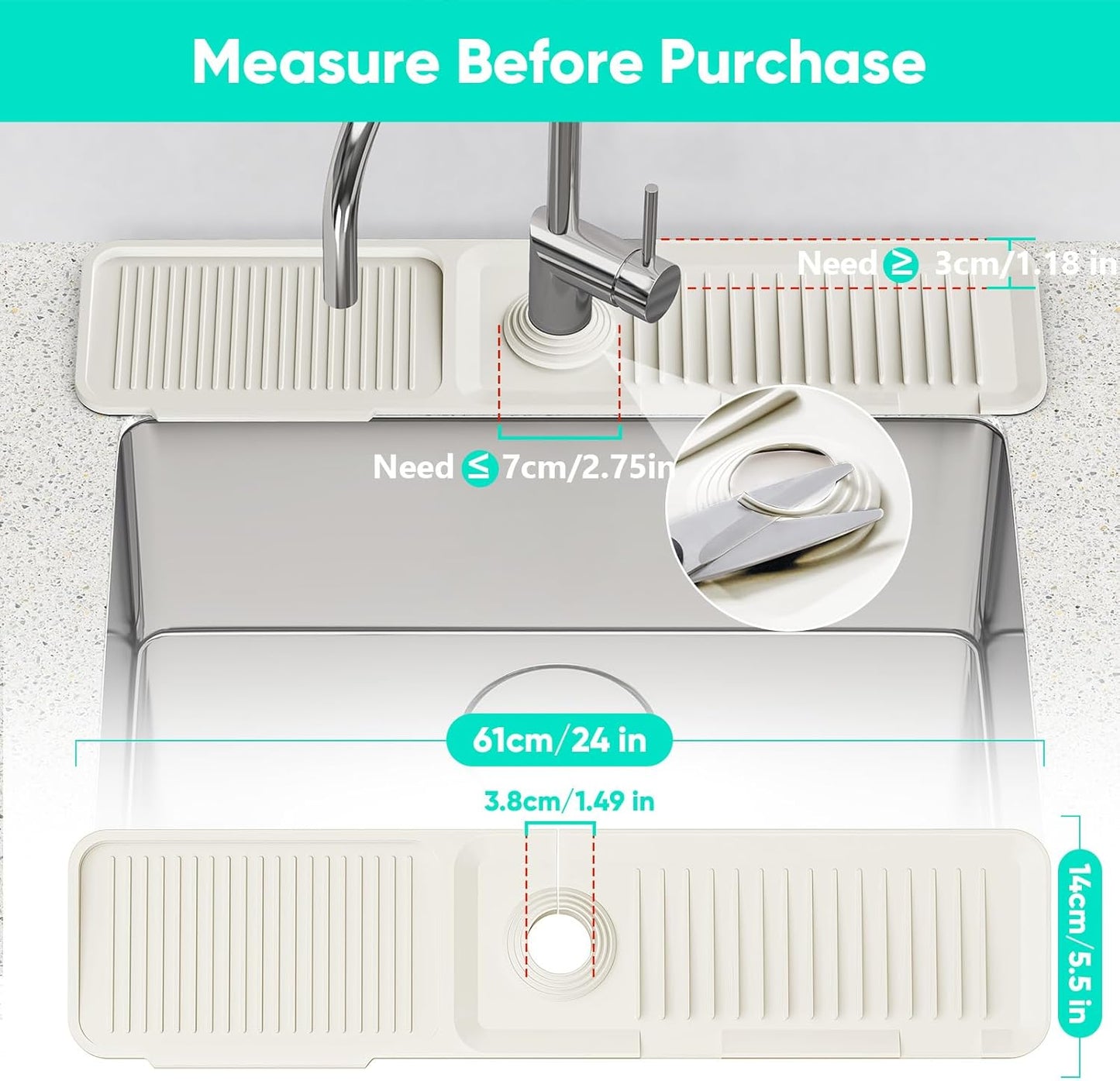 24 Inch Longer Faucet Mat for Kitchen Sink, 5° Slope Fast Self-draining, Kitchen Sink Splash Guard Silicone Sink Faucet Mat Splash Guard Kitchen Sink Area Tidy Splash Faucet Guard Draining Mat