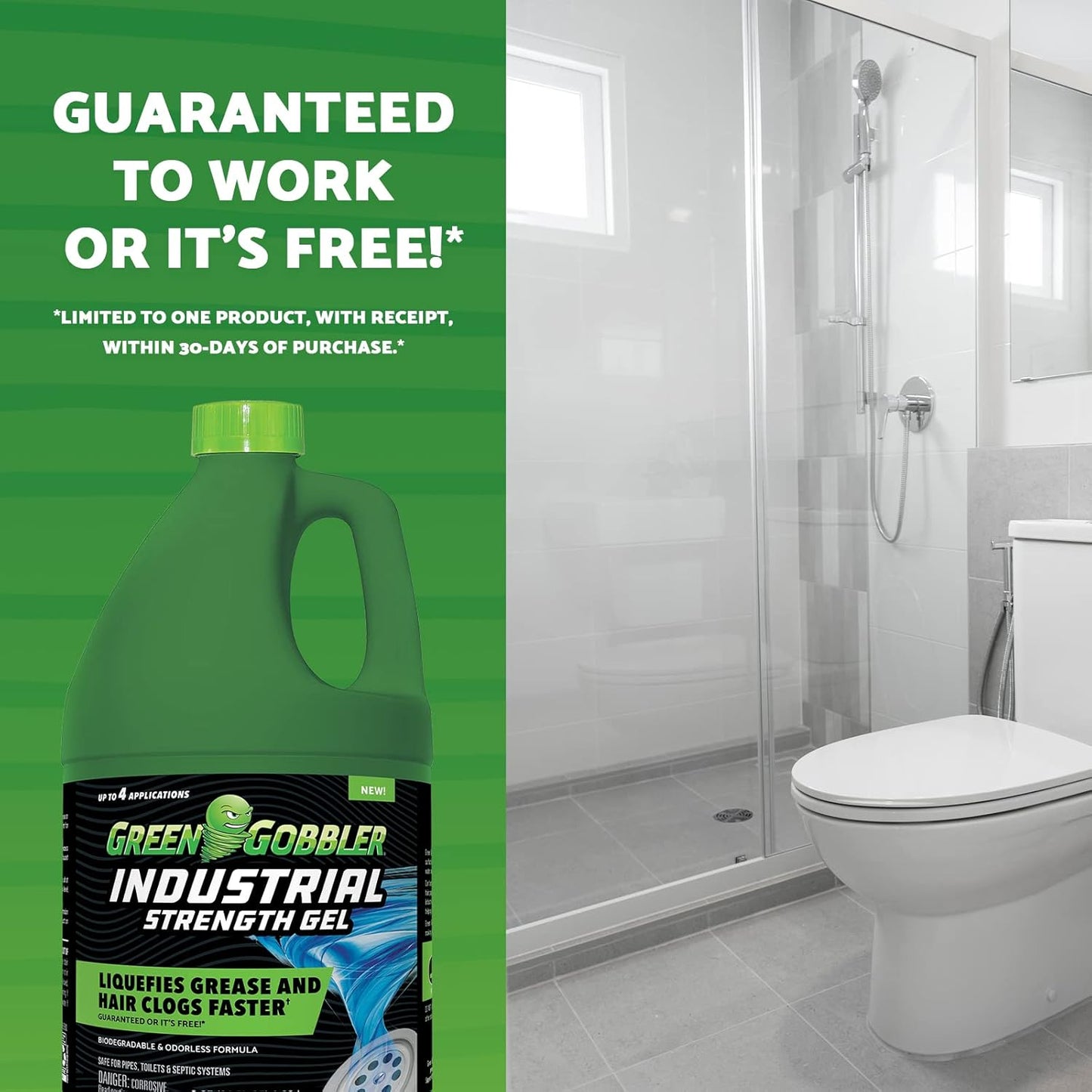 Green Gobbler Industrial Strength Grease and Hair Drain Clog Remover | Drain Cleaner Gel | Safe for Pipes, Toilets, Sinks, Tubs, Drains & Septic Systems | 64 fl. oz.